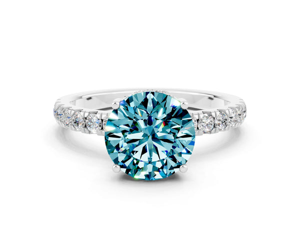 Silver Round Cut Blue Topaz Pave Band Solitaire Ring with Round  and Prong Setting
