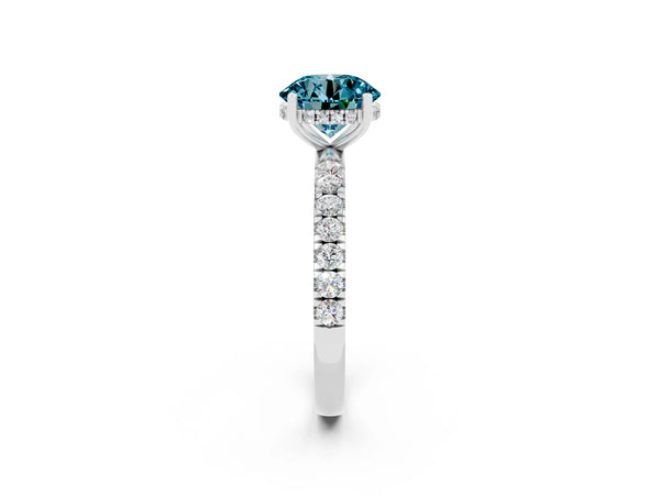 Platinum Round Cut Blue Topaz Pave Band Solitaire Ring with Round  and Prong Setting