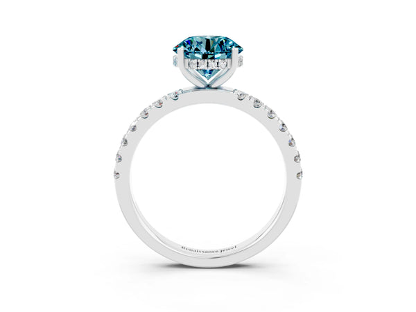 Platinum Round Cut Blue Topaz Pave Band Solitaire Ring with Round  and Prong Setting