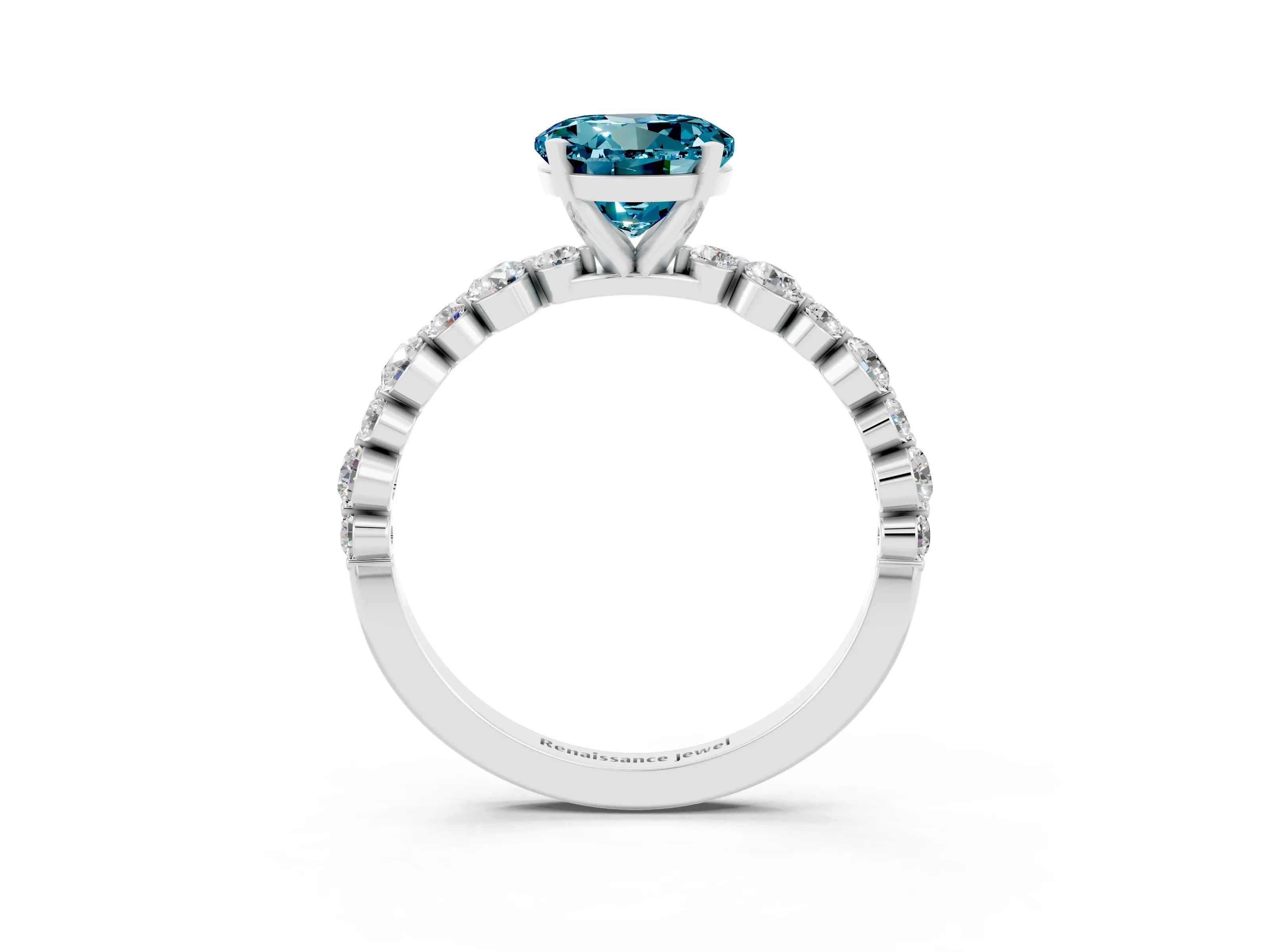White gold Round Cut Blue Topaz Prong Set Engagement Ring with Pavé Band_3