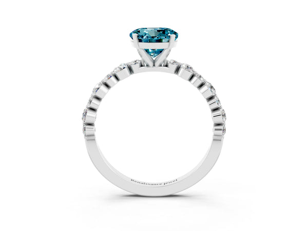 Silver Round Cut Blue Topaz Prong Set Engagement Ring with Pavé Band