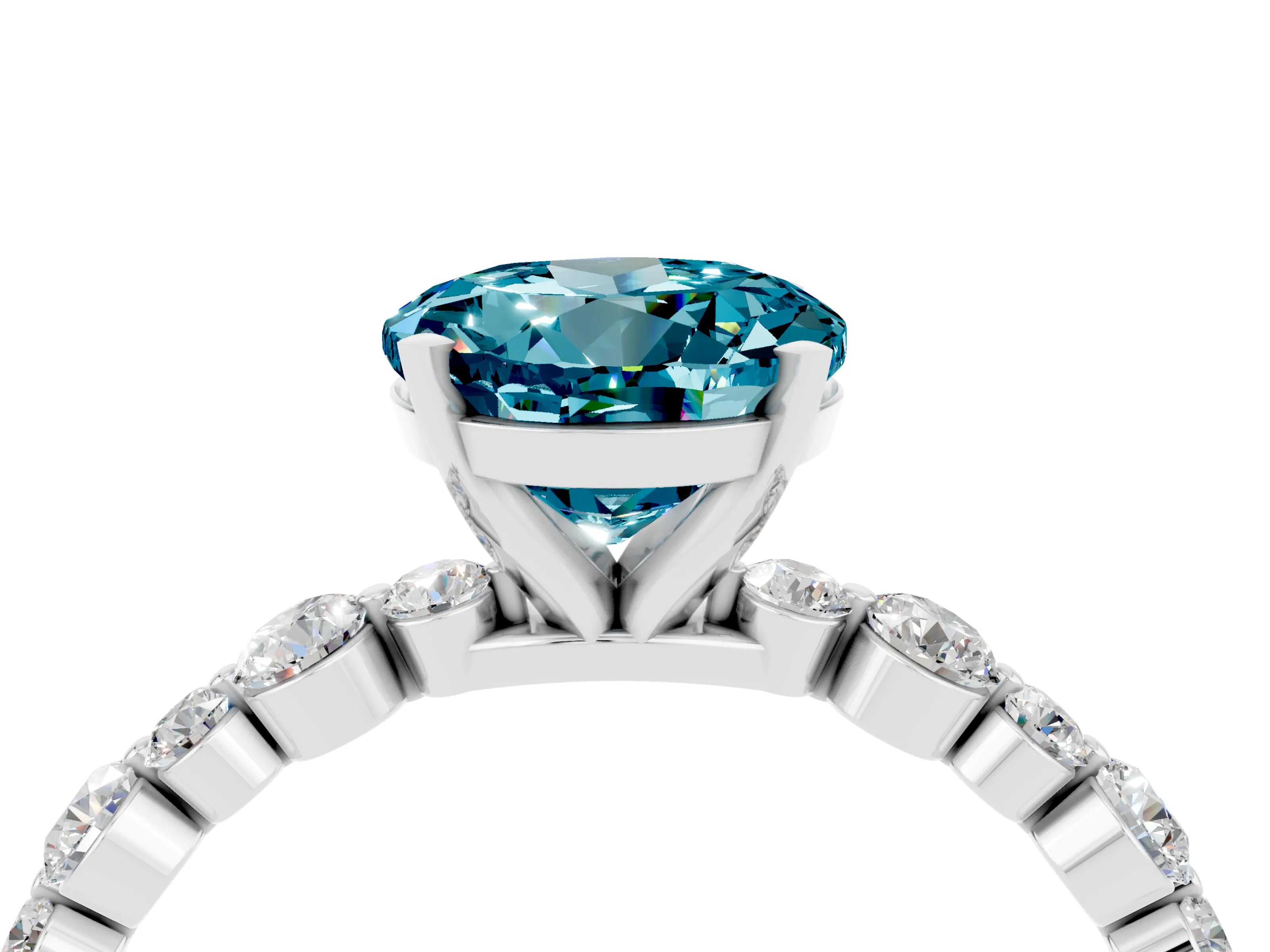 White gold Round Cut Blue Topaz Prong Set Engagement Ring with Pavé Band_4