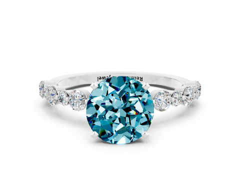 White gold Round Cut Blue Topaz Prong Set Engagement Ring with Pavé Band