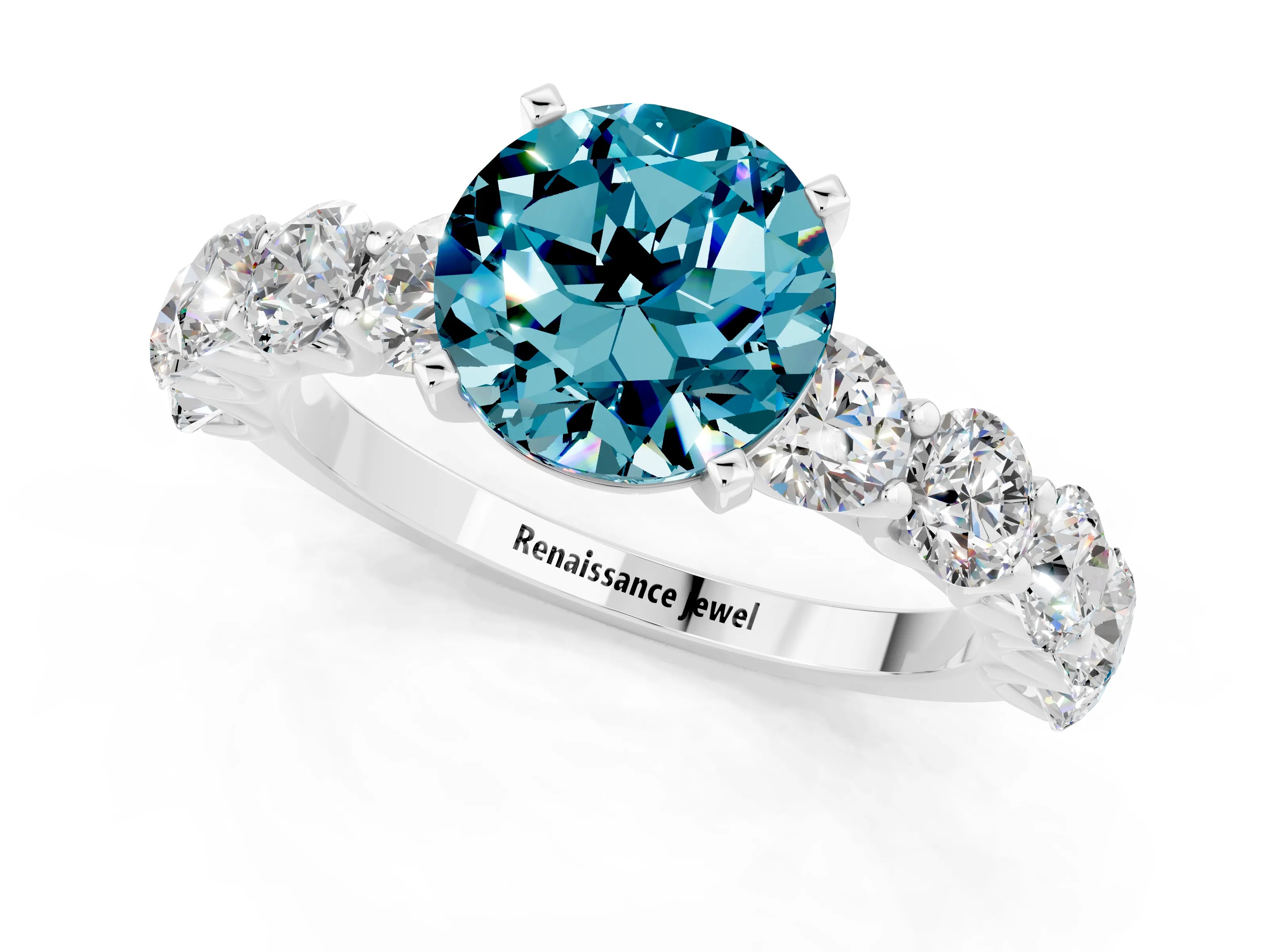 White gold Round Cut Blue Topaz Prong Setting with Side Stones on a Pave Band_1