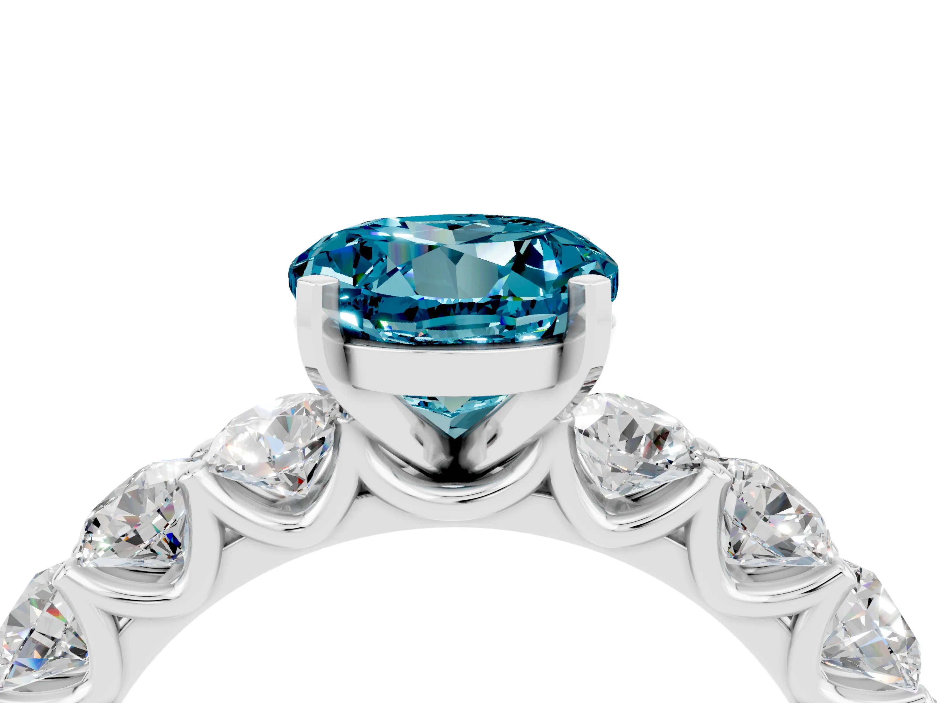 White gold Round Cut Blue Topaz Prong Setting with Side Stones on a Pave Band_4