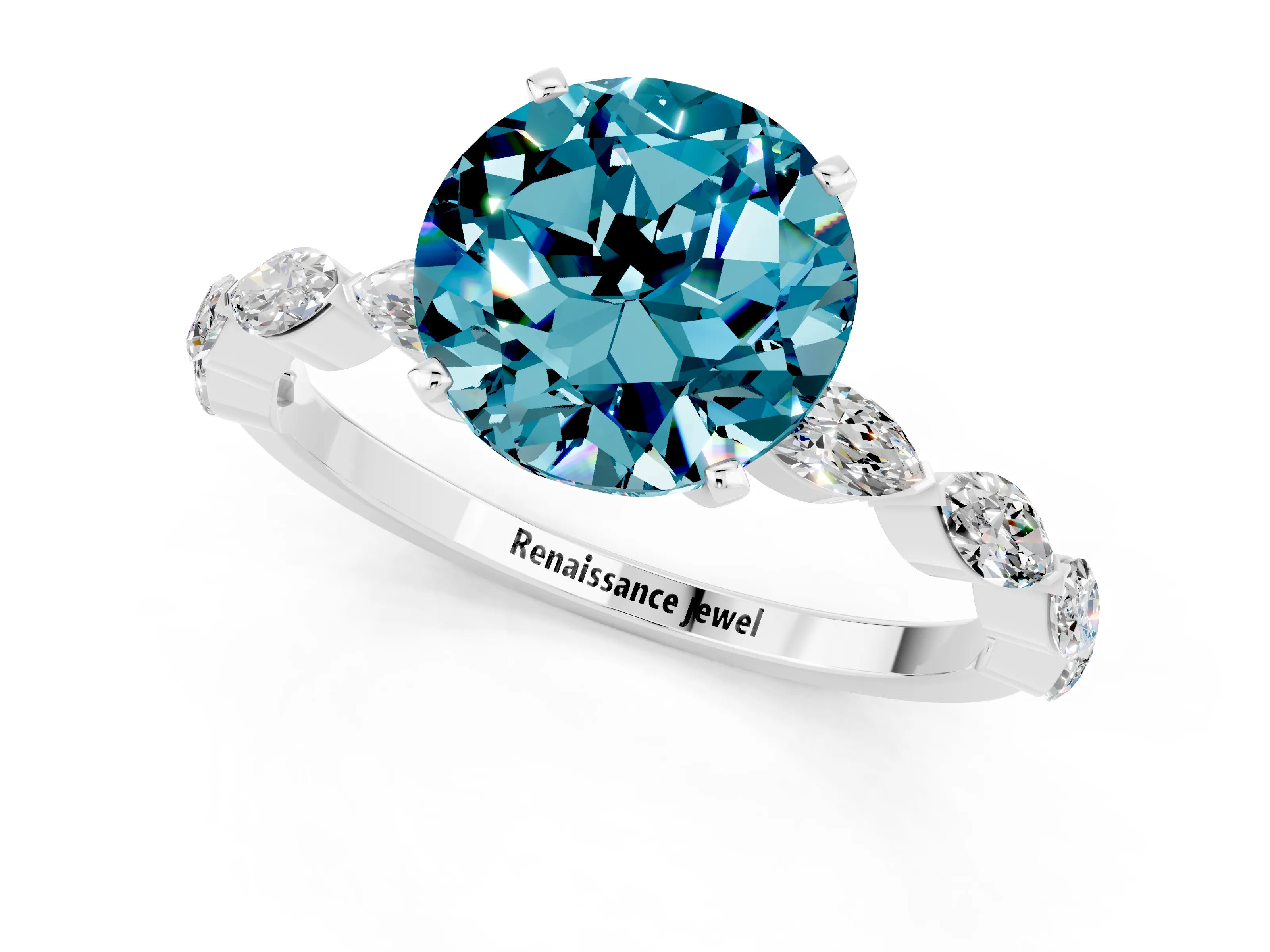 White gold Round Cut Blue Topaz Ring with Marquise Side Stones and Prong Setting_1