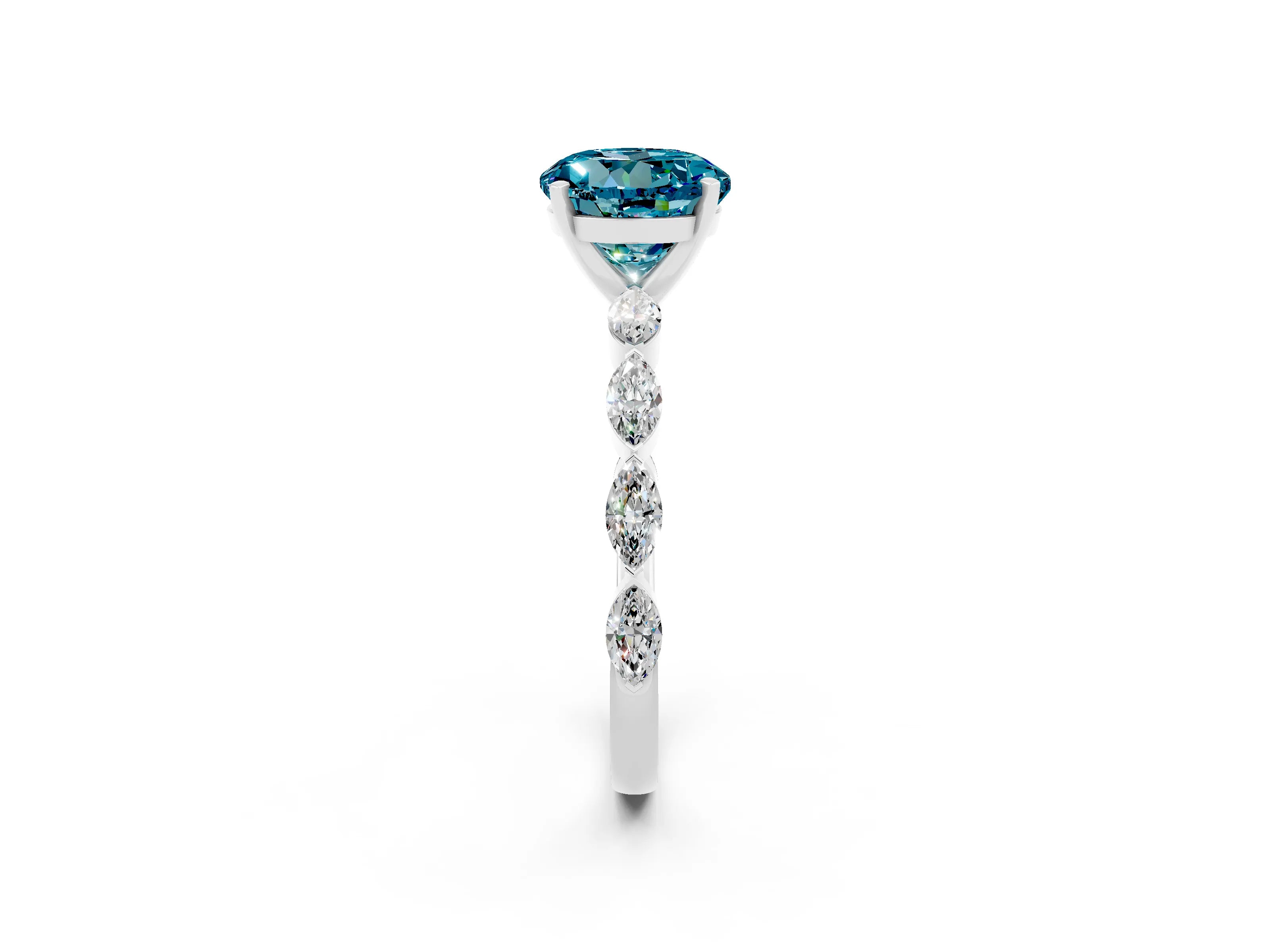 White gold Round Cut Blue Topaz Ring with Marquise Side Stones and Prong Setting_2
