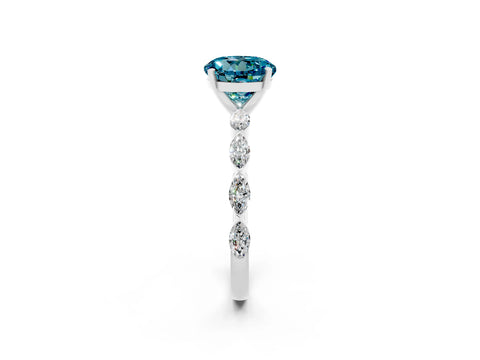 White gold Round Cut Blue Topaz Ring with Marquise Side Stones and Prong Setting_2