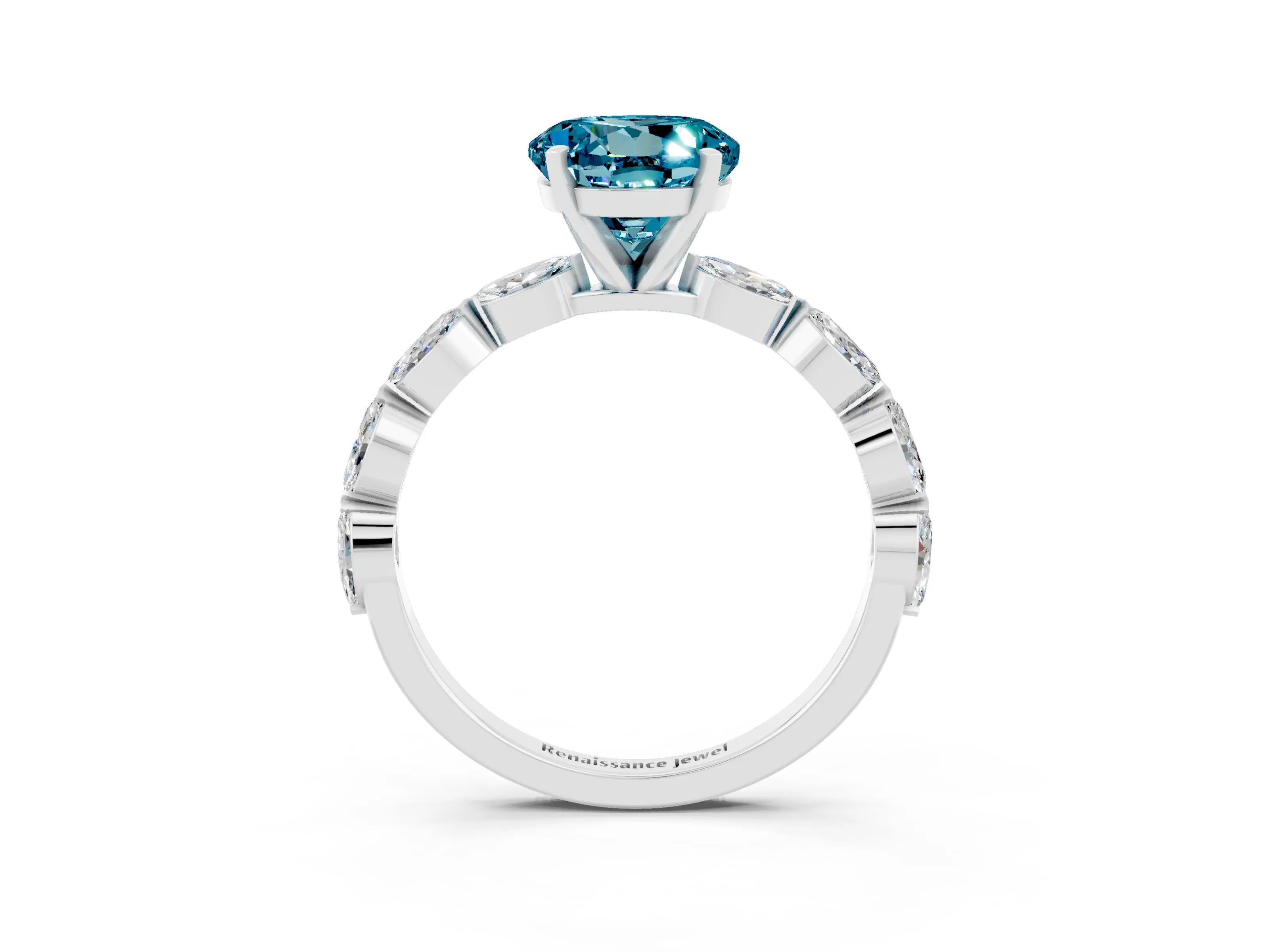 White gold Round Cut Blue Topaz Ring with Marquise Side Stones and Prong Setting_3