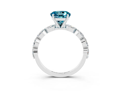 White gold Round Cut Blue Topaz Ring with Marquise Side Stones and Prong Setting_3