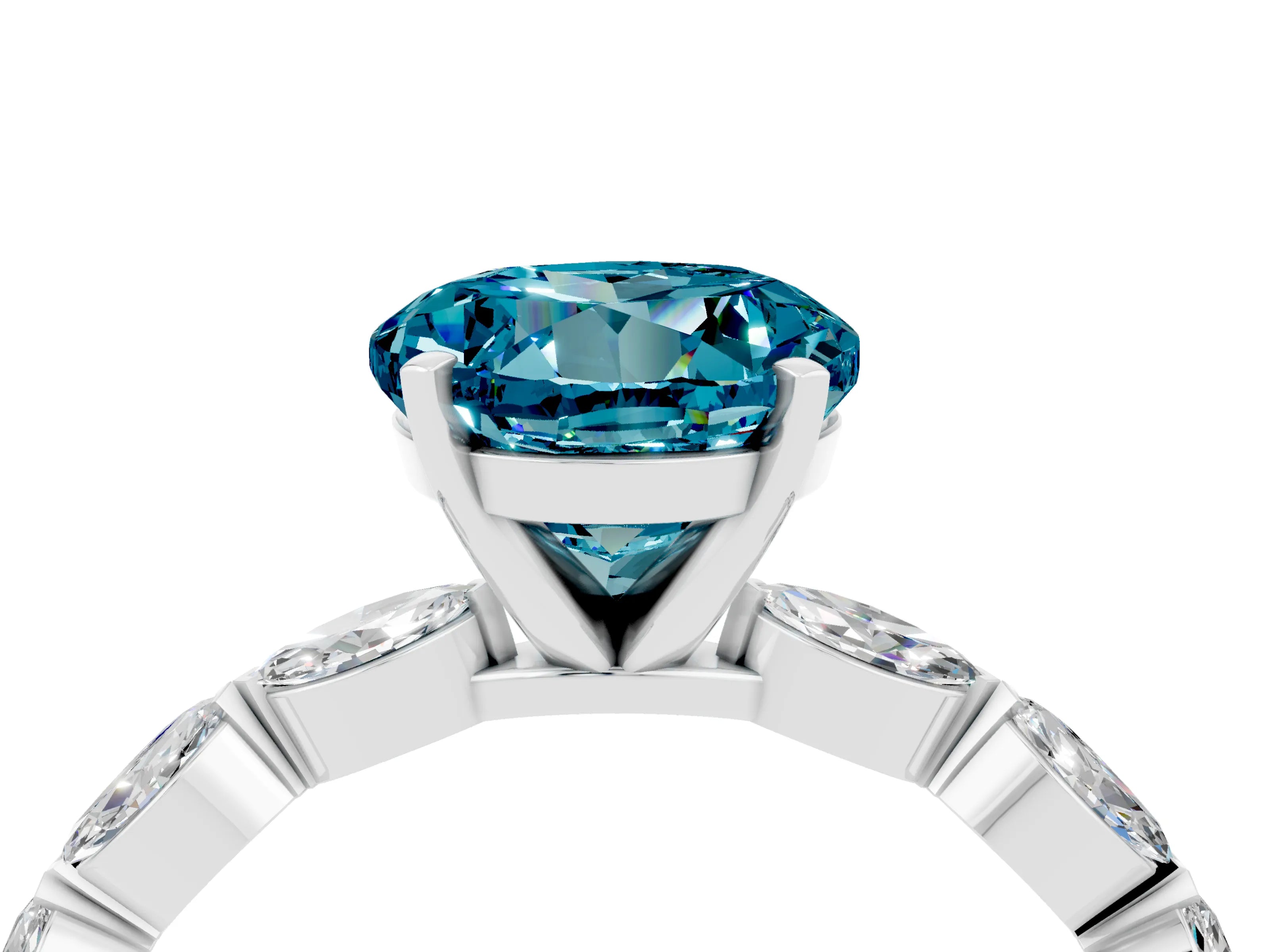 White gold Round Cut Blue Topaz Ring with Marquise Side Stones and Prong Setting_4