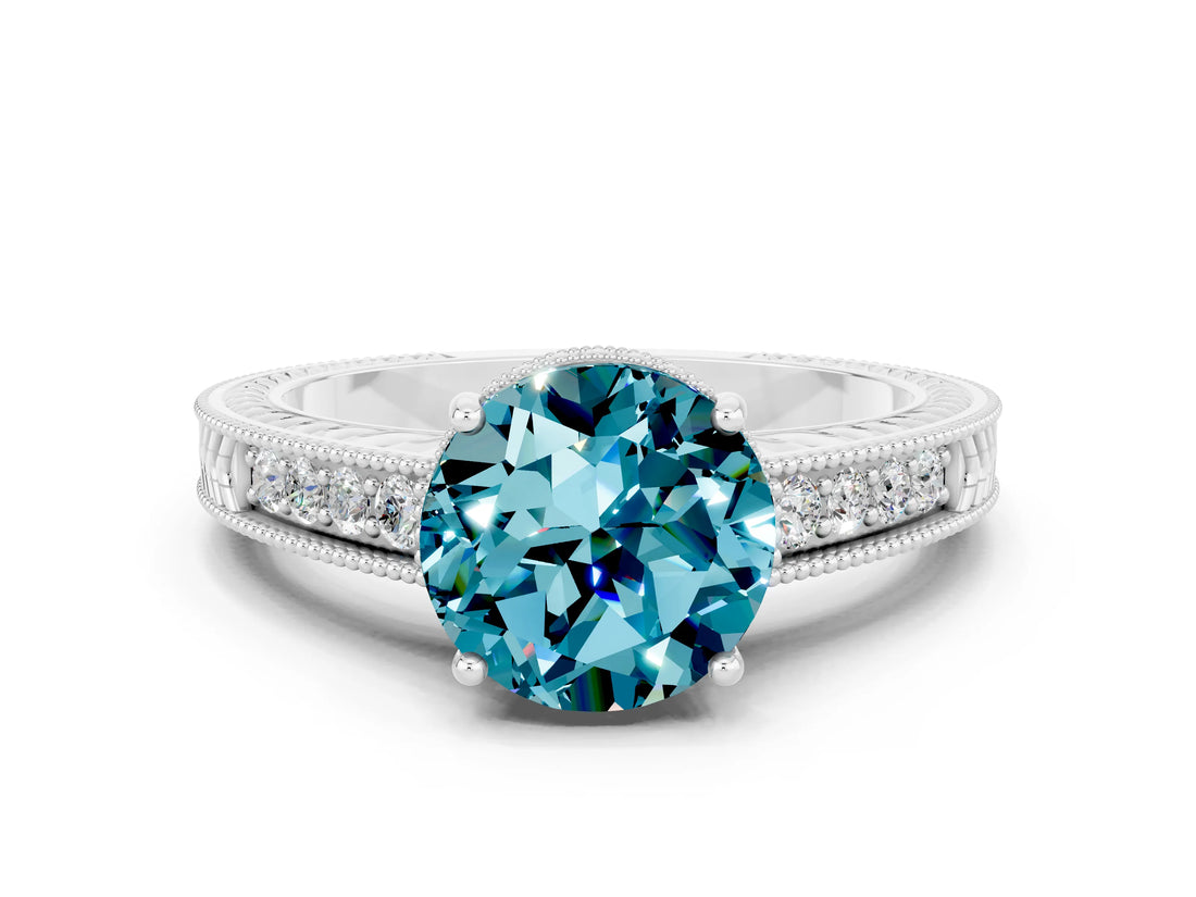 White gold Round Cut Blue Topaz Ring with Milgrain Pavé Band and Four-Prong Setting_12