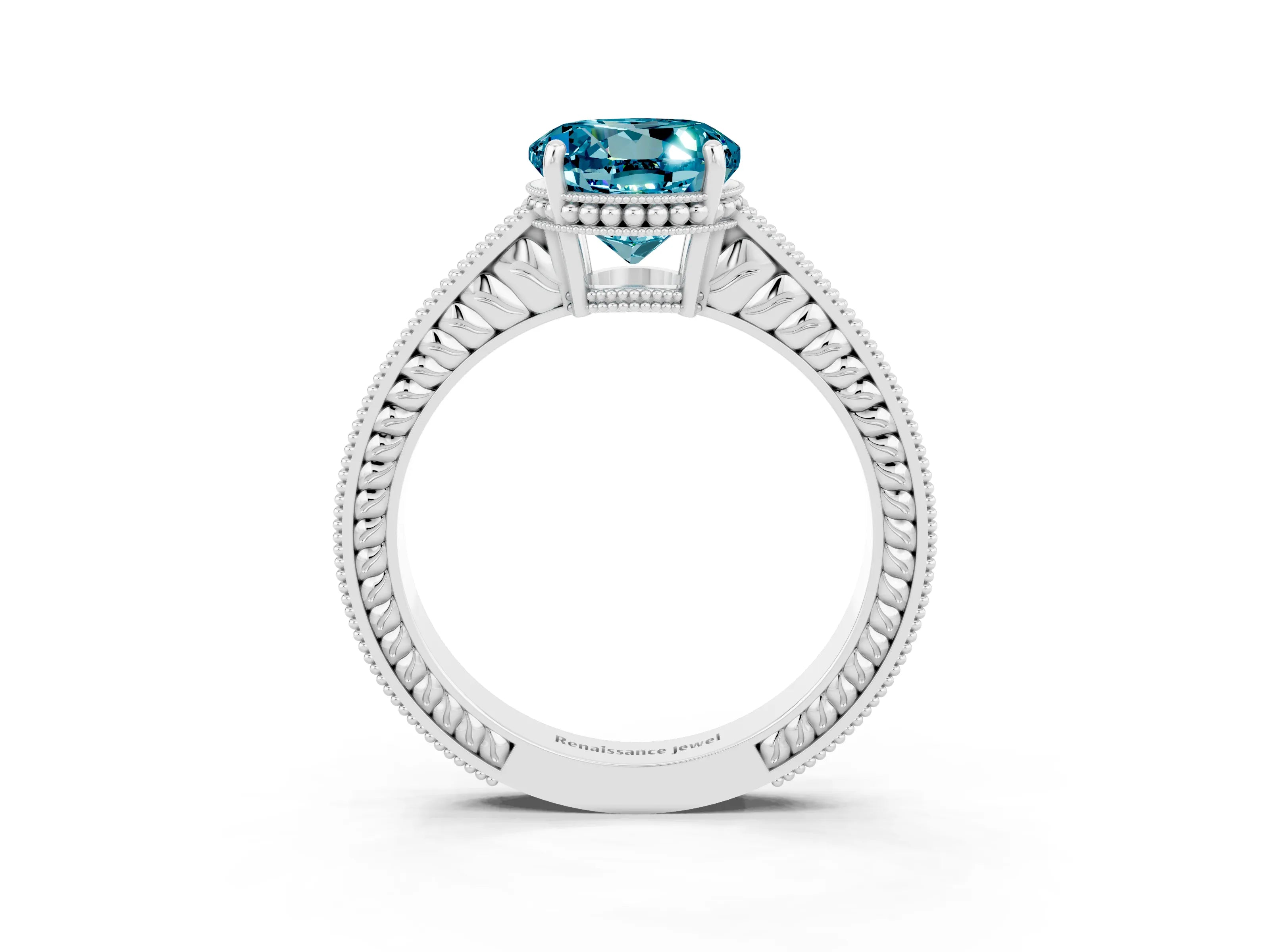 White gold Round Cut Blue Topaz Ring with Milgrain Pavé Band and Four-Prong Setting_15