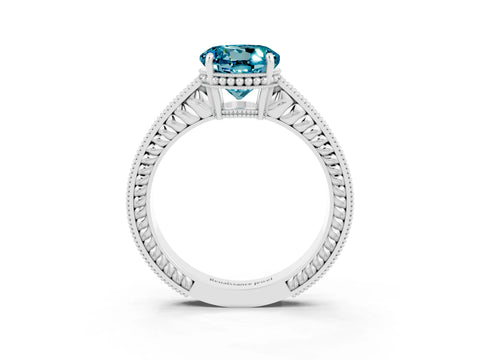 White gold Round Cut Blue Topaz Ring with Milgrain Pavé Band and Four-Prong Setting_15