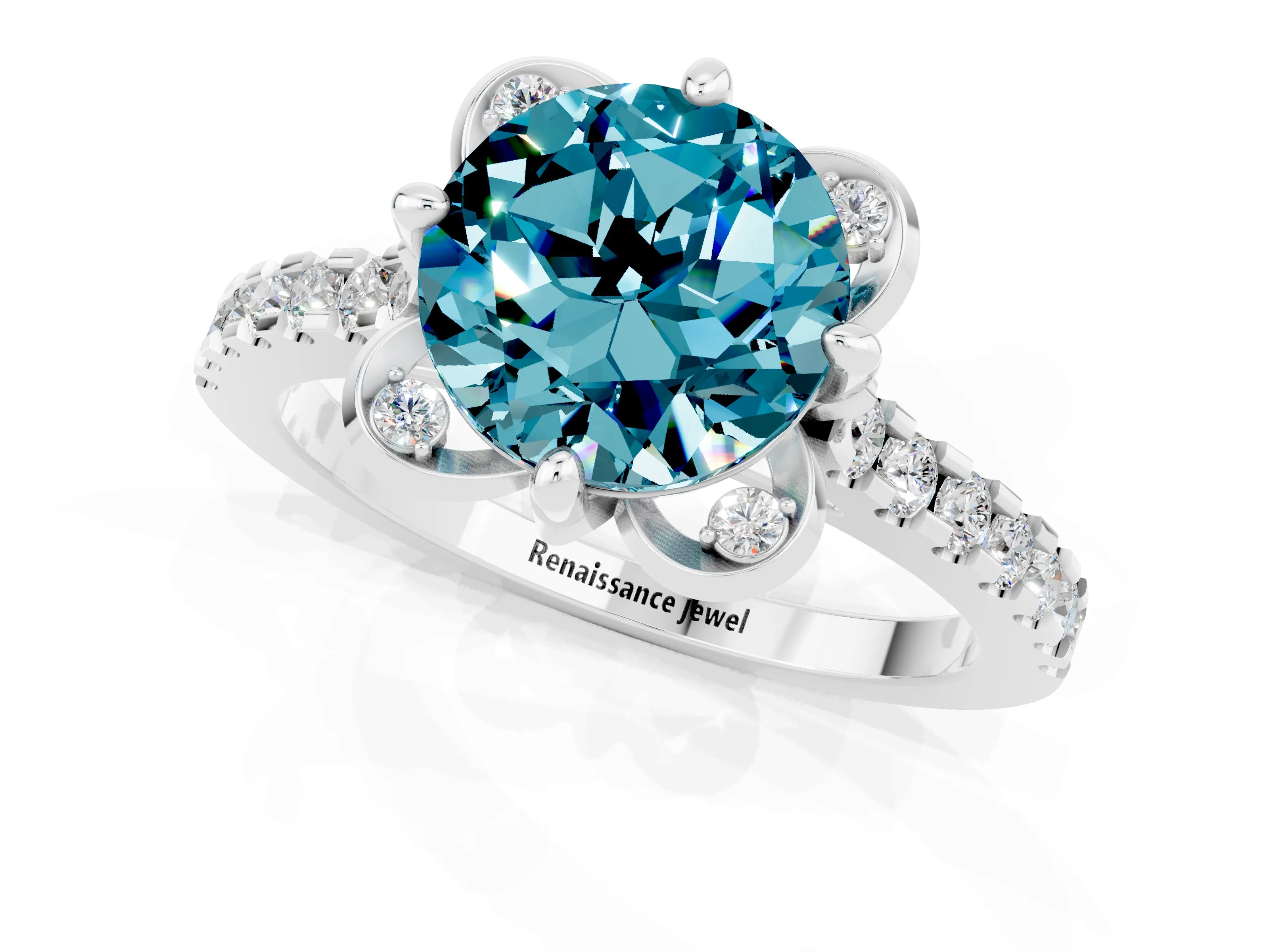 White gold Round Cut Blue Topaz Ring with Pavé Band and Floral Prong Setting_1