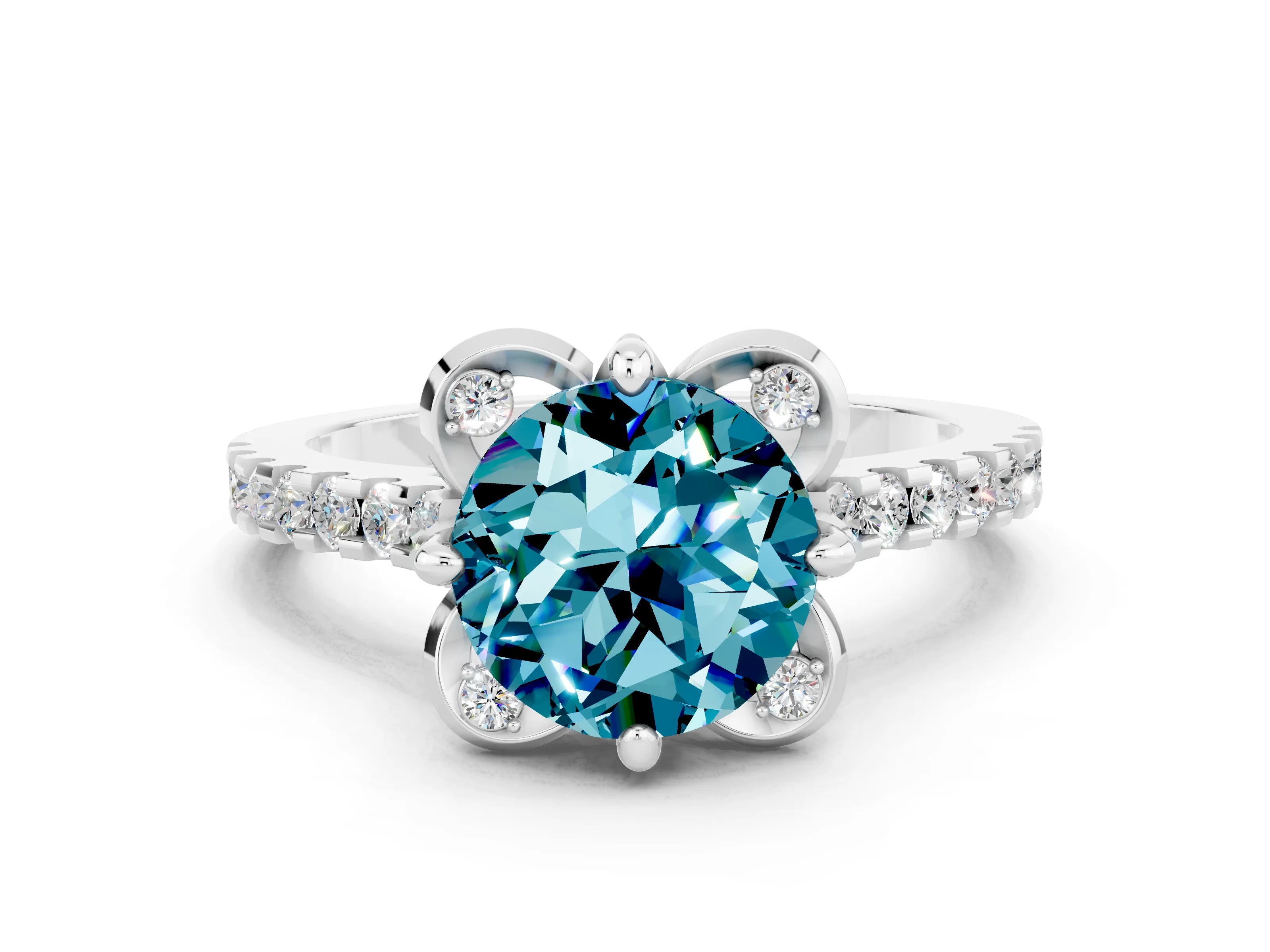 White gold Round Cut Blue Topaz Ring with Pavé Band and Floral Prong Setting