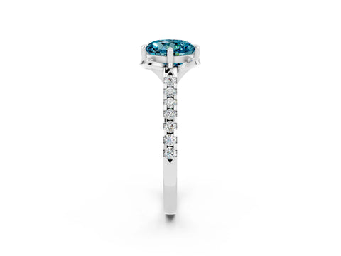 White gold Round Cut Blue Topaz Ring with Pavé Band and Floral Prong Setting_2