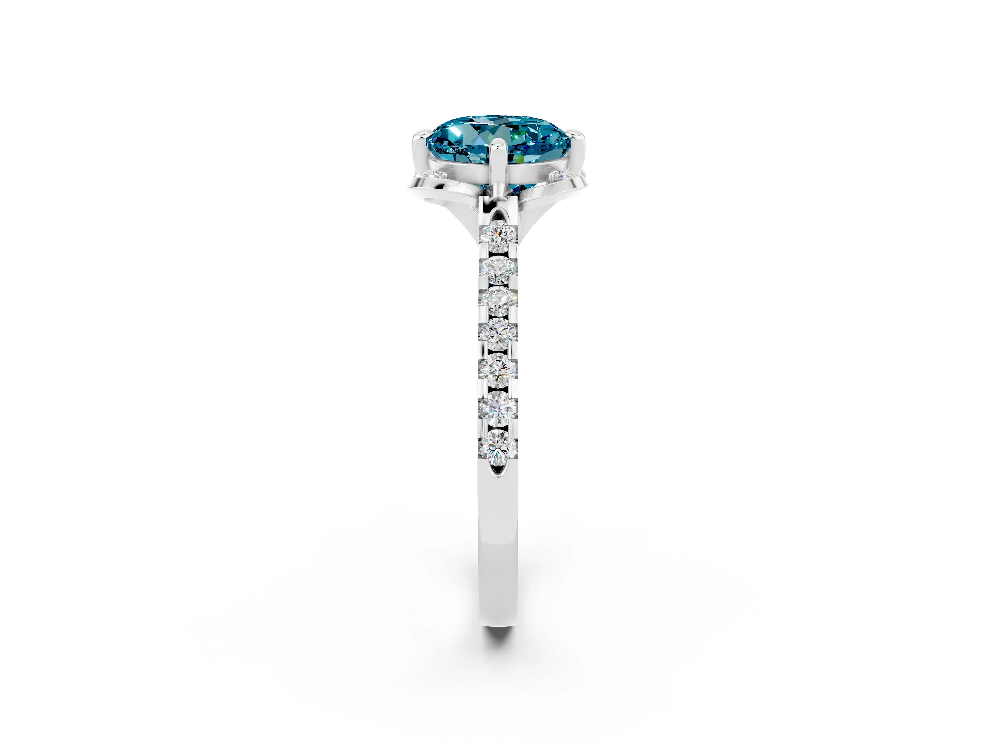 White gold Round Cut Blue Topaz Ring with Pavé Band and Floral Prong Setting_2