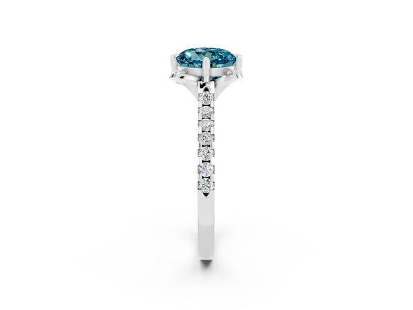 White gold Round Cut Blue Topaz Ring with Pavé Band and Floral Prong Setting