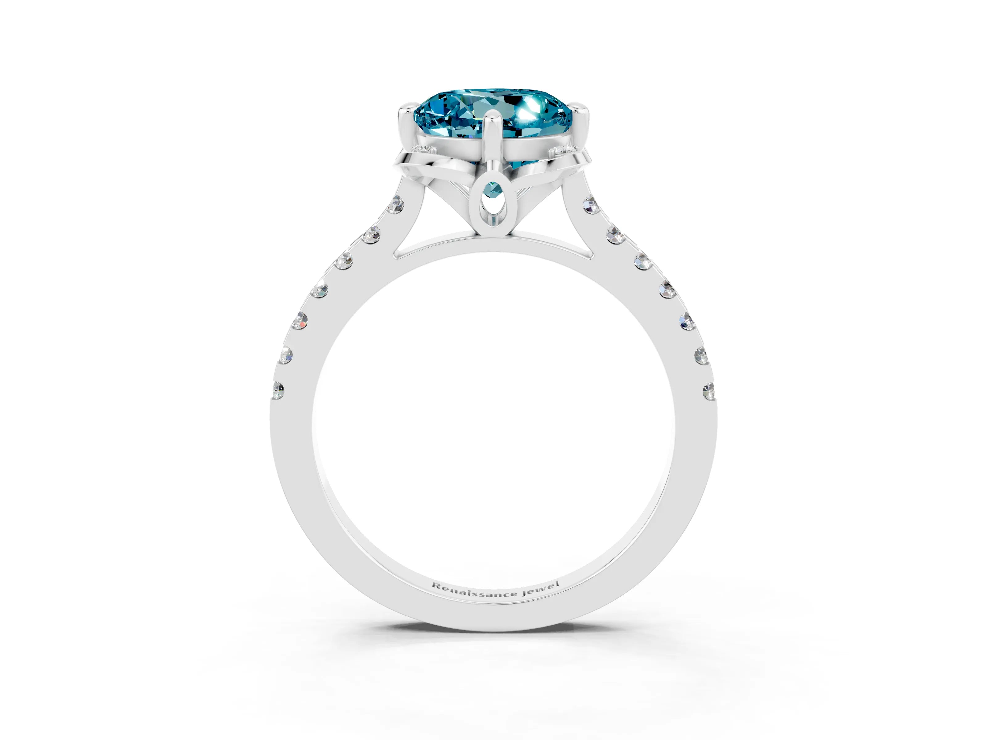 White gold Round Cut Blue Topaz Ring with Pavé Band and Floral Prong Setting_3