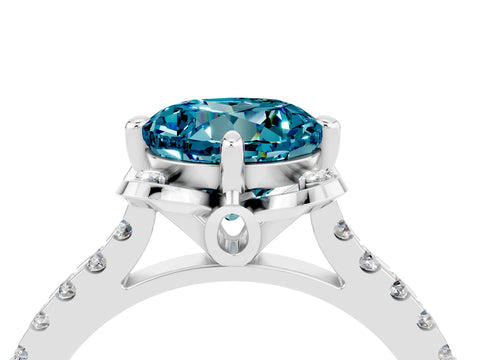 White gold Round Cut Blue Topaz Ring with Pavé Band and Floral Prong Setting_4