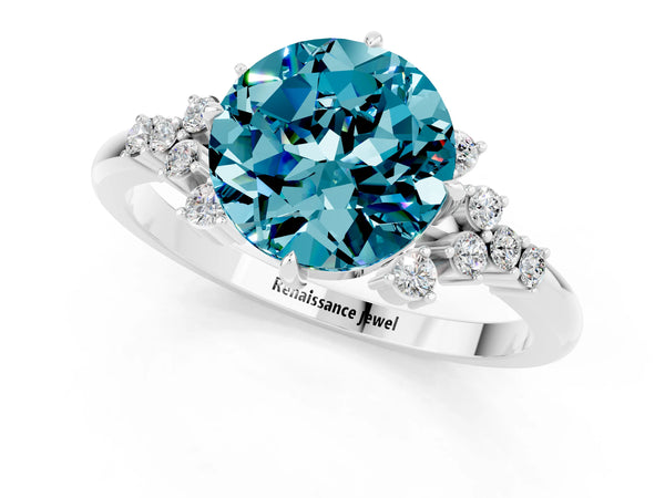 White gold Round Cut Blue Topaz Ring with Side Stones and Four-Prong Setting
