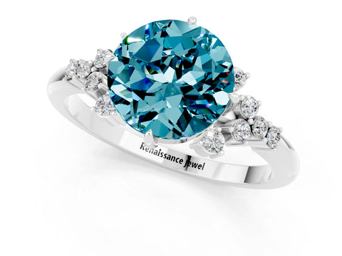 White gold Round Cut Blue Topaz Ring with Side Stones and Four-Prong Setting_37