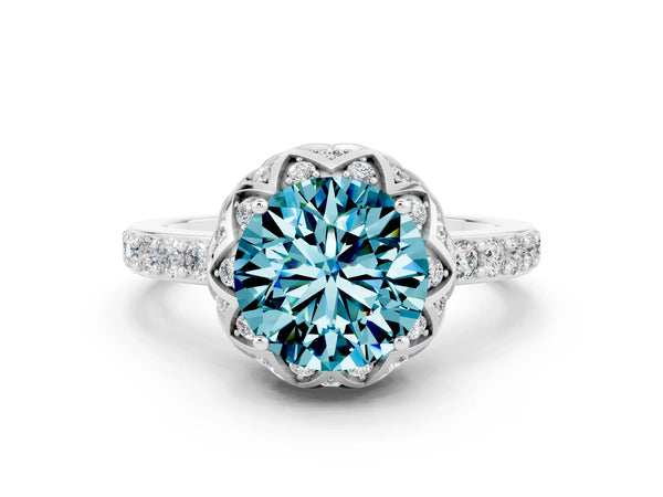 Platinum Round Cut Blue Topaz Scalloped Halo Engagement Ring with Round Shared Prong Band