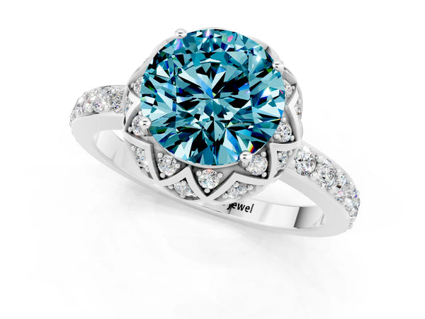 Platinum Round Cut Blue Topaz Scalloped Halo Engagement Ring with Round Shared Prong Band