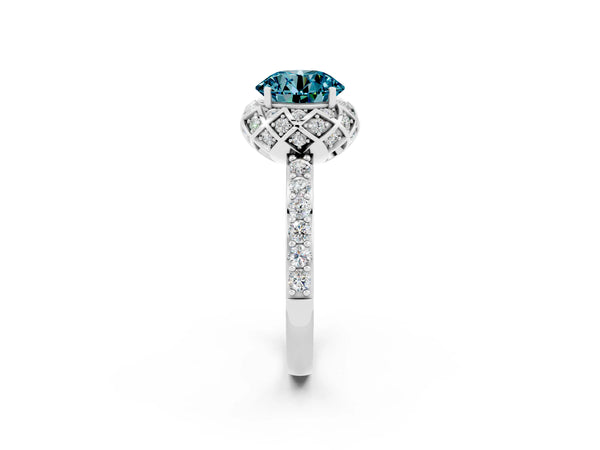 Platinum Round Cut Blue Topaz Scalloped Halo Engagement Ring with Round Shared Prong Band