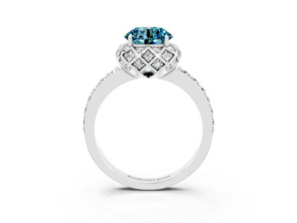White gold Round Cut Blue Topaz Scalloped Halo Engagement Ring with Round Shared Prong Band
