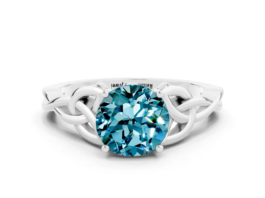 White gold Round Cut Blue Topaz Solitaire Celtic Knot Ring with Four-Prong Setting_12