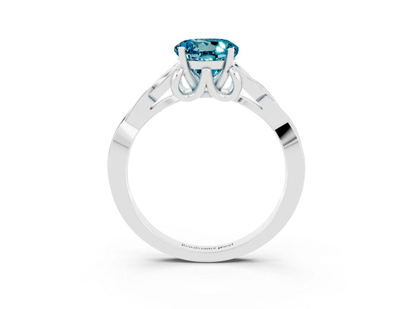 Platinum Round Cut Blue Topaz Solitaire Celtic Knot Ring with Four-Prong Setting