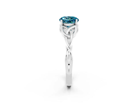 White gold Round Cut Blue Topaz Solitaire Engagement Ring with Celtic Knot Band and Four-Prong Setting_2