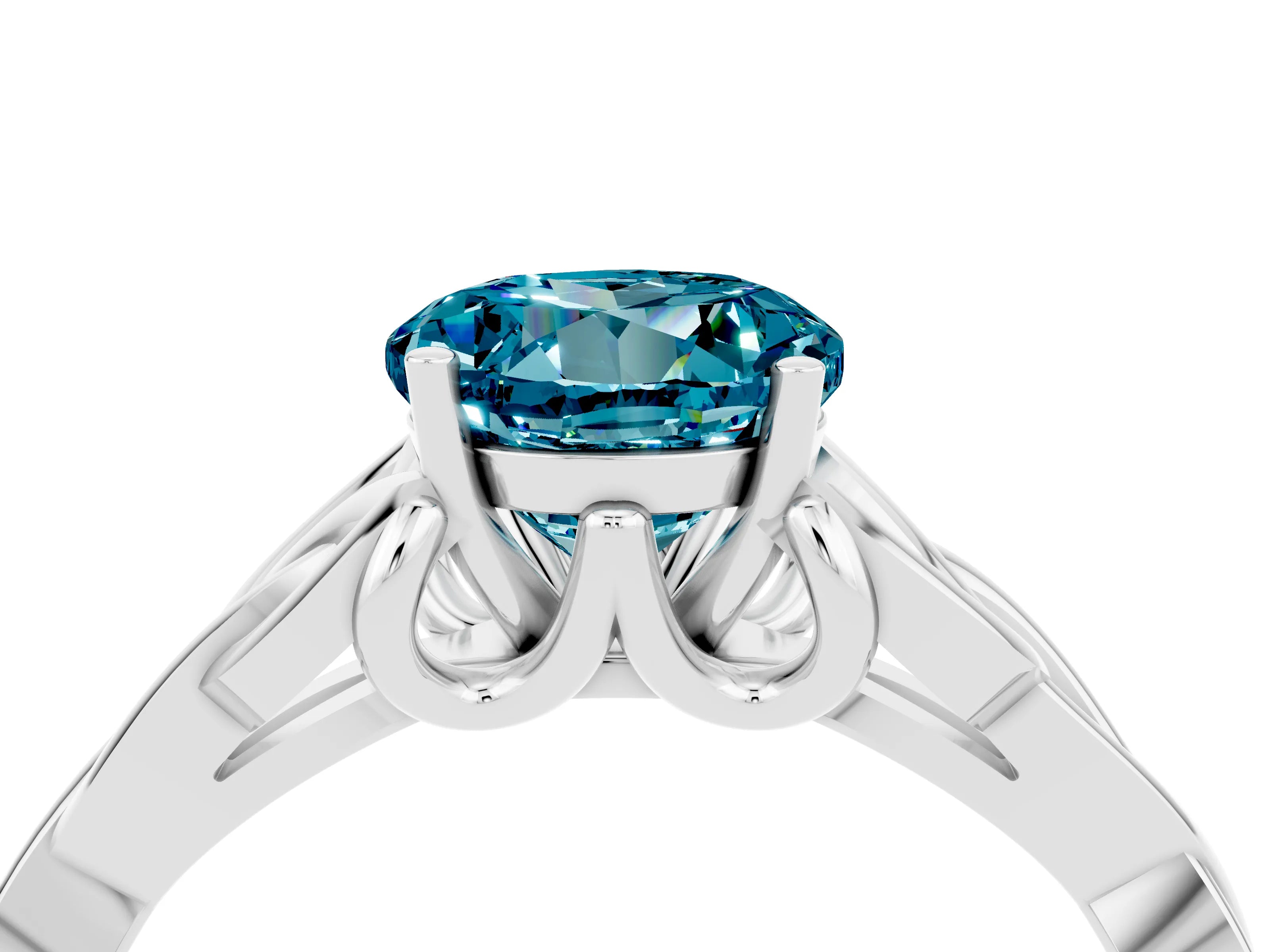 White gold Round Cut Blue Topaz Solitaire Engagement Ring with Celtic Knot Band and Four-Prong Setting_4
