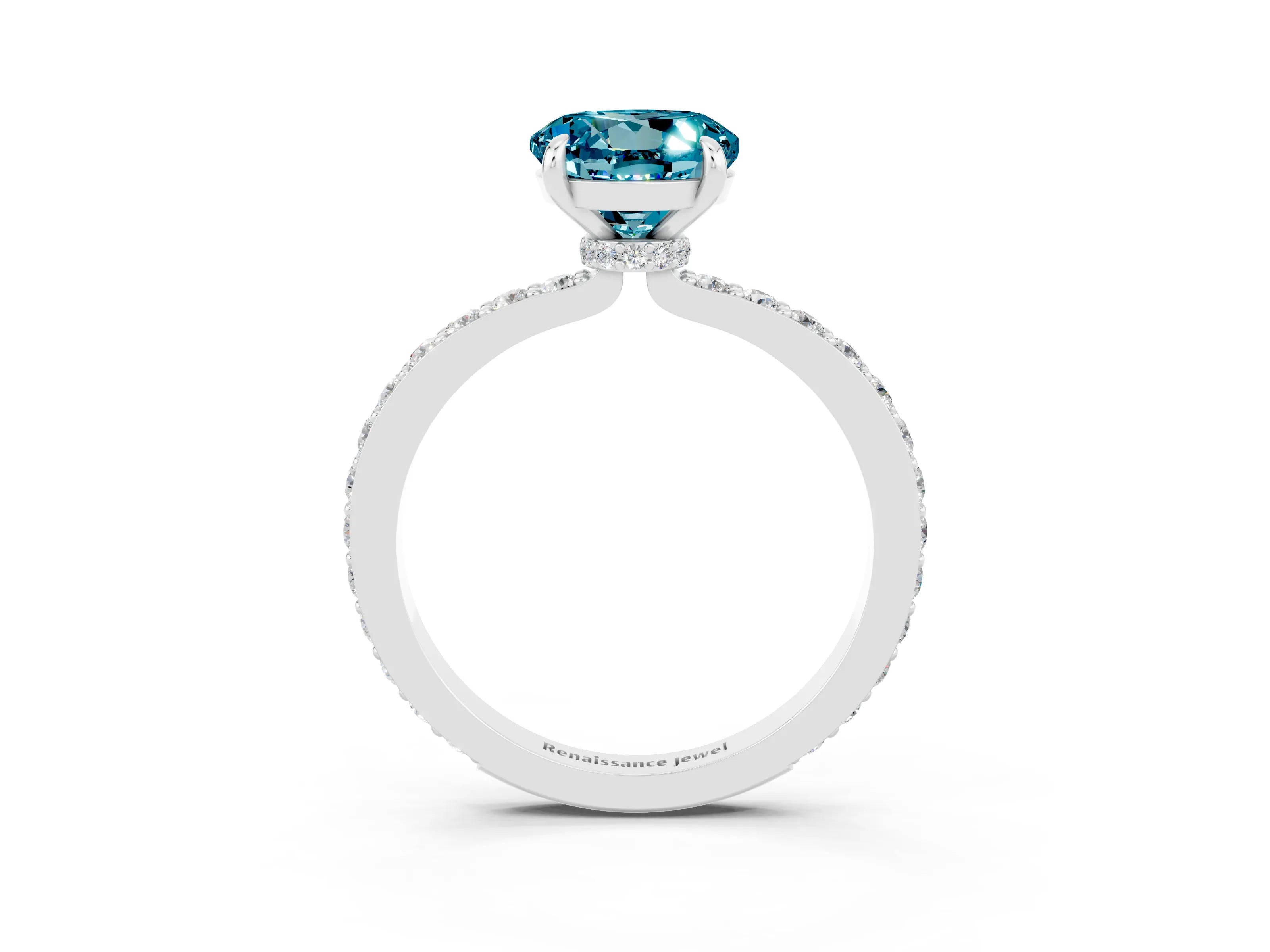 White gold Round Cut Blue Topaz Solitaire Engagement Ring with Pavé Band and Four-Prong Setting_3