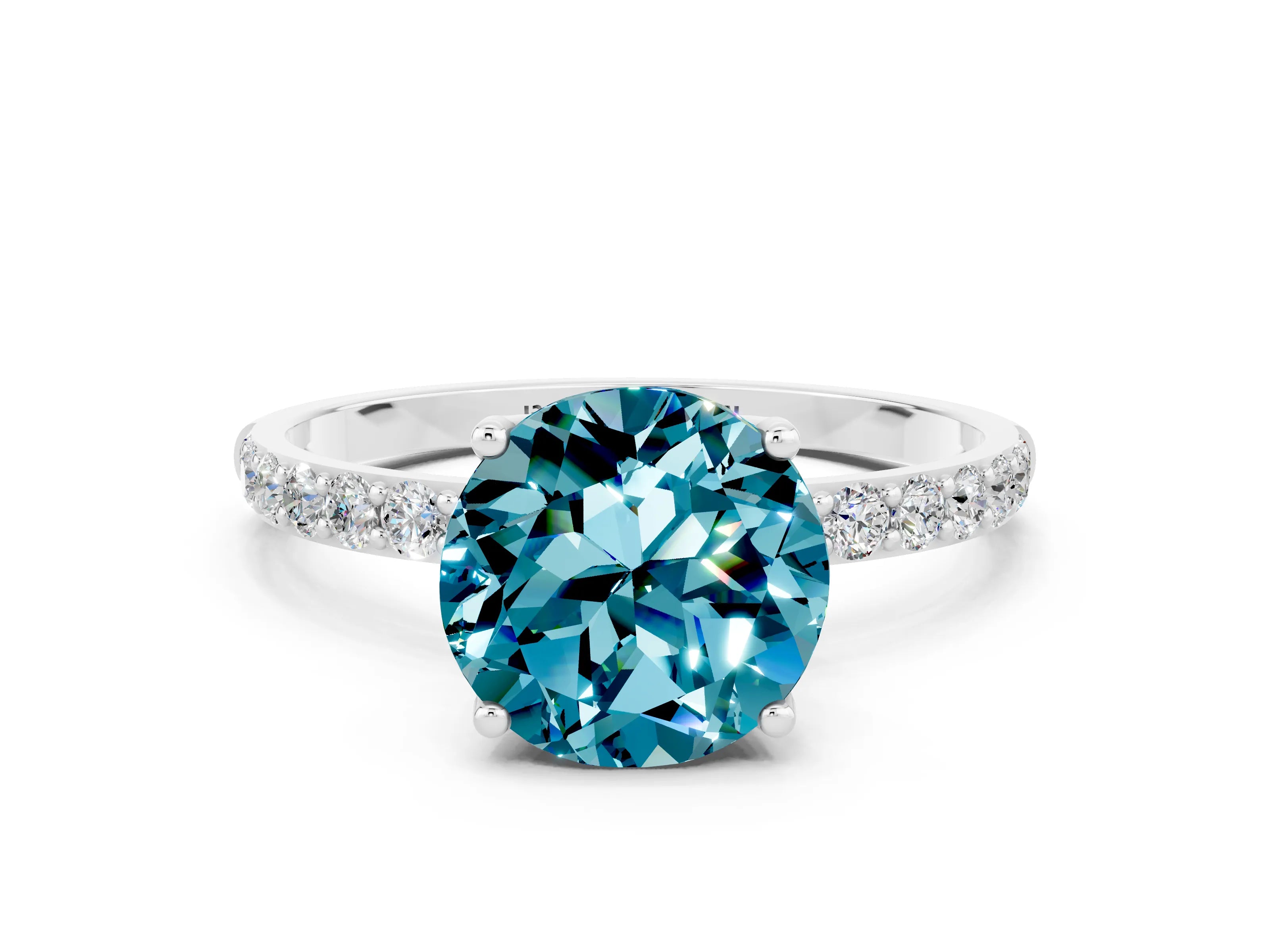 White gold Round Cut Blue Topaz Solitaire Engagement Ring with Pavé Band and Prong Setting