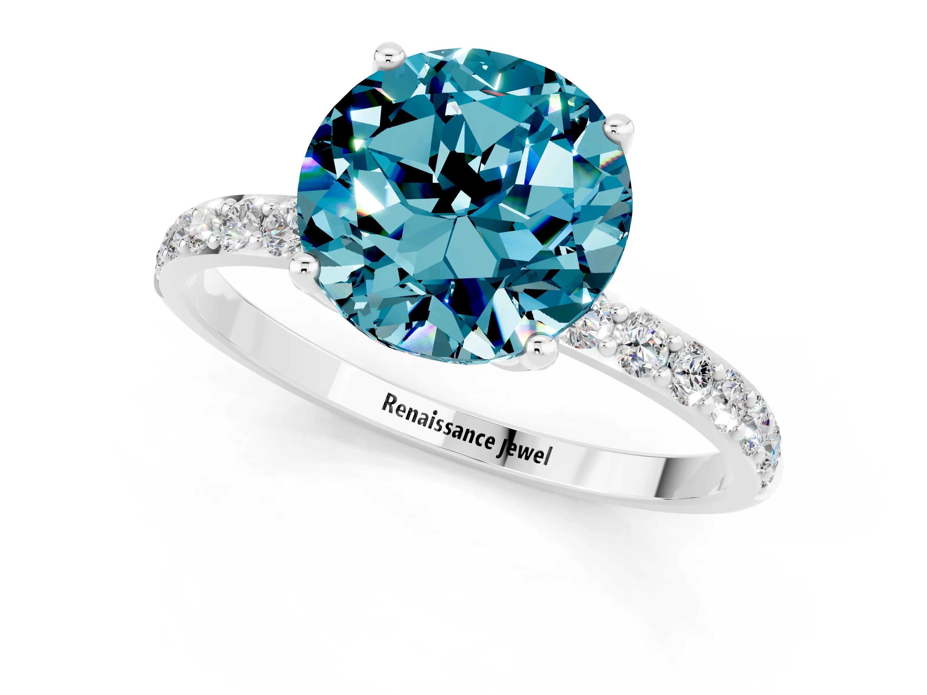 White gold Round Cut Blue Topaz Solitaire Engagement Ring with Pavé Band and Prong Setting_1