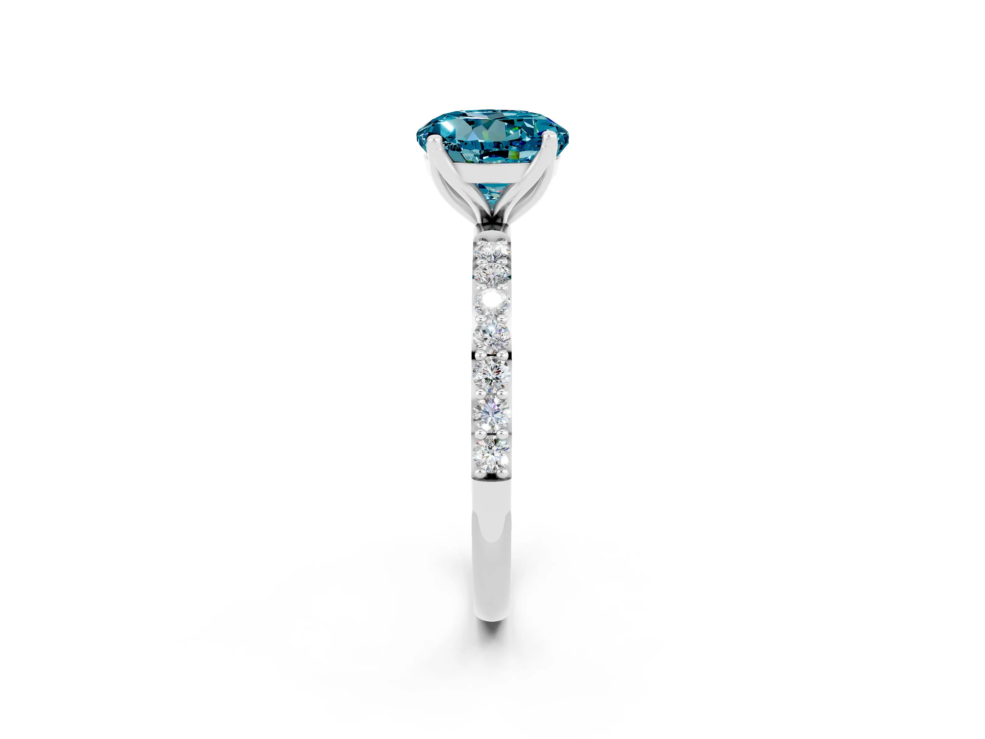 White gold Round Cut Blue Topaz Solitaire Engagement Ring with Pavé Band and Prong Setting_2