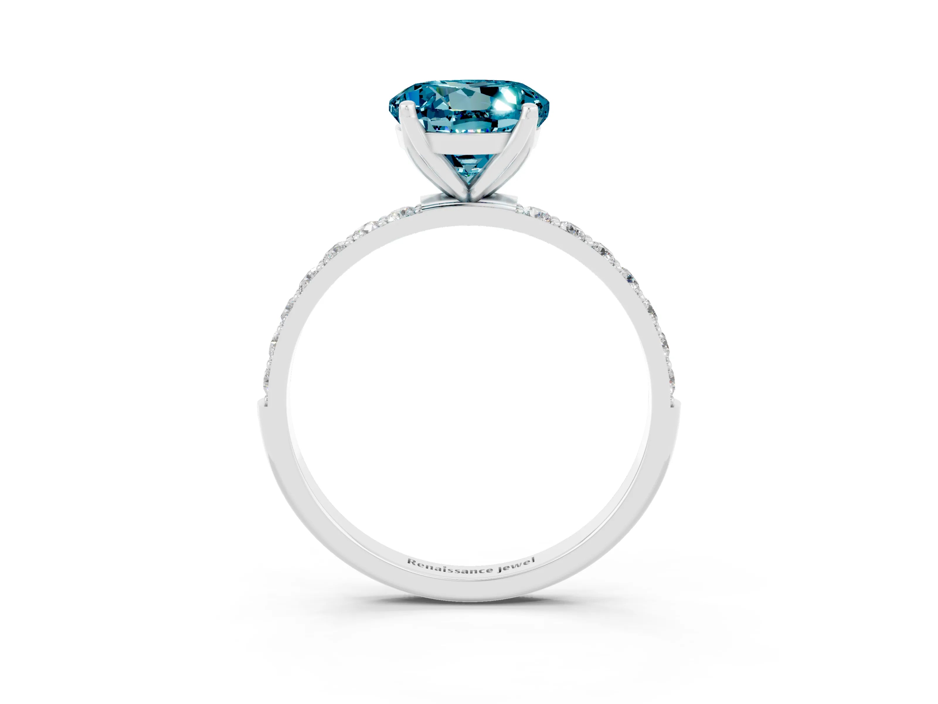 White gold Round Cut Blue Topaz Solitaire Engagement Ring with Pavé Band and Prong Setting_3