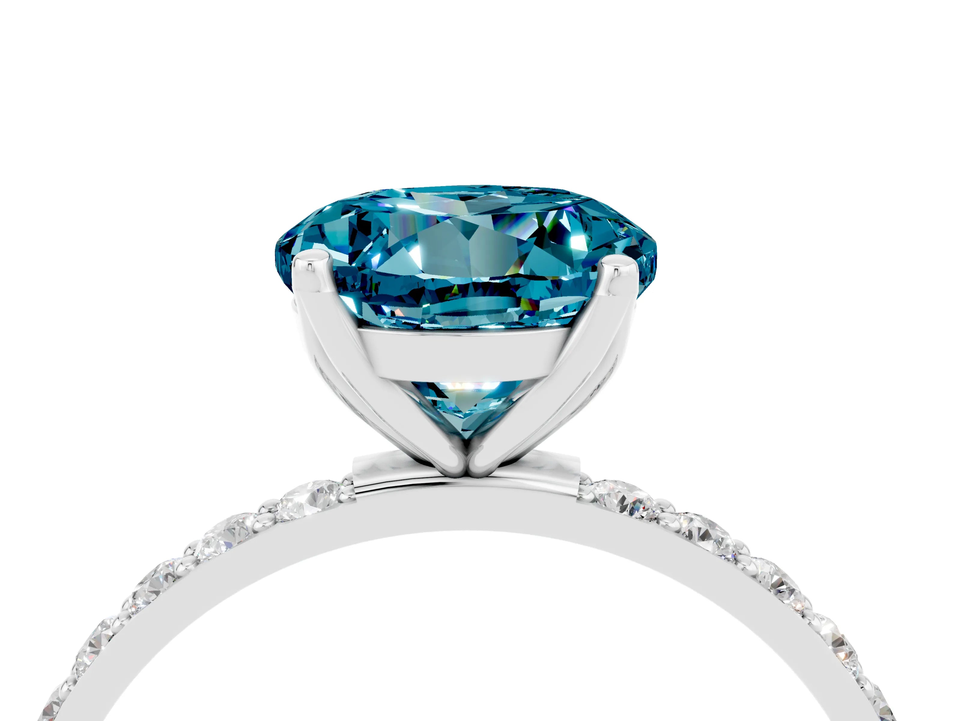 White gold Round Cut Blue Topaz Solitaire Engagement Ring with Pavé Band and Prong Setting_4