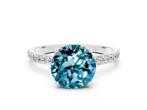 White gold Round Cut Blue Topaz Solitaire Engagement Ring with Pavé Band and Prong Setting