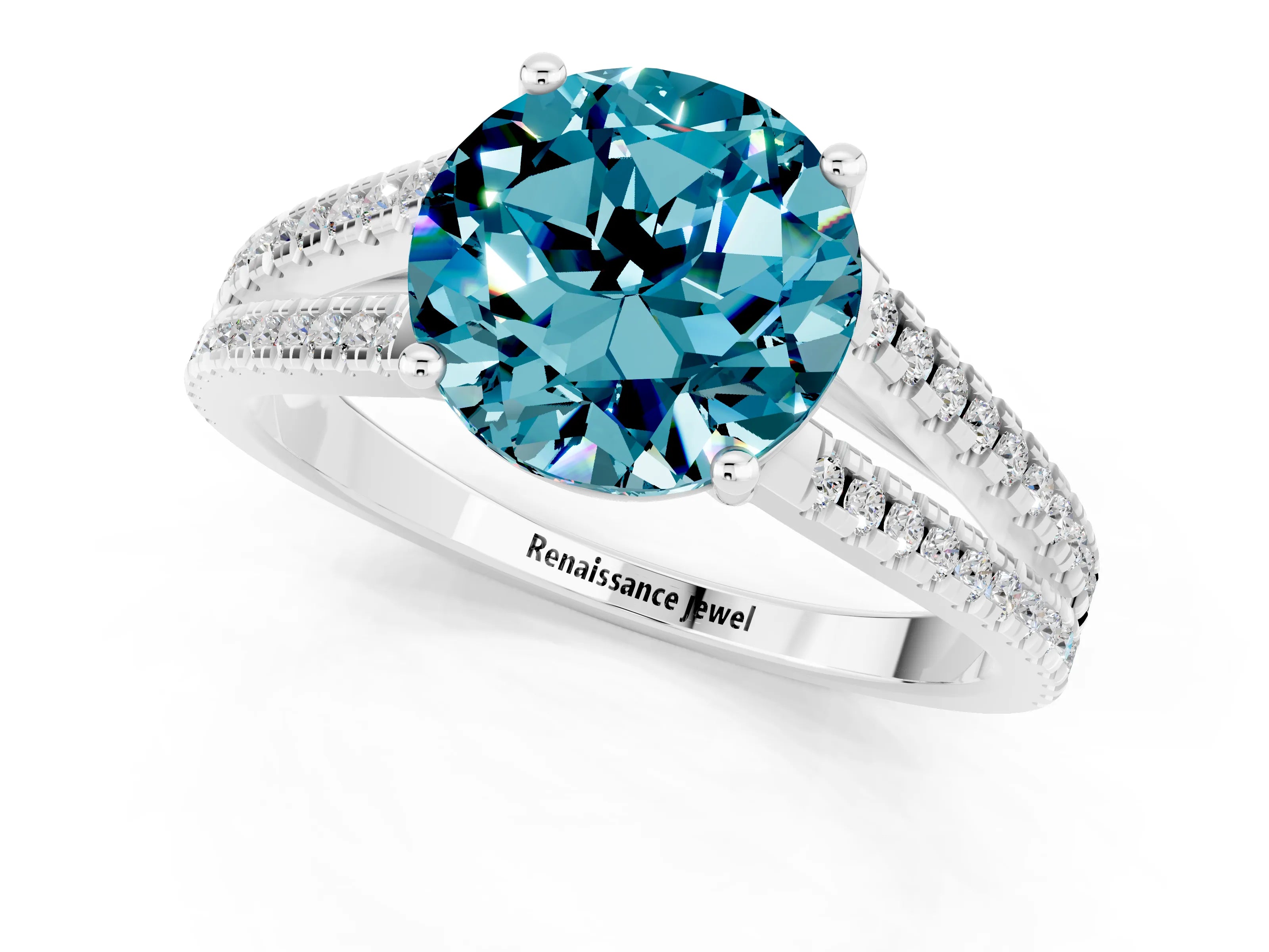 White gold Round Cut Blue Topaz Solitaire Engagement Ring with Split Shank Pavé Band_1