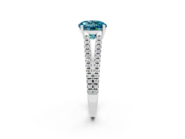 Platinum Round Cut Blue Topaz Solitaire Engagement Ring with Split Shank Pavé Band