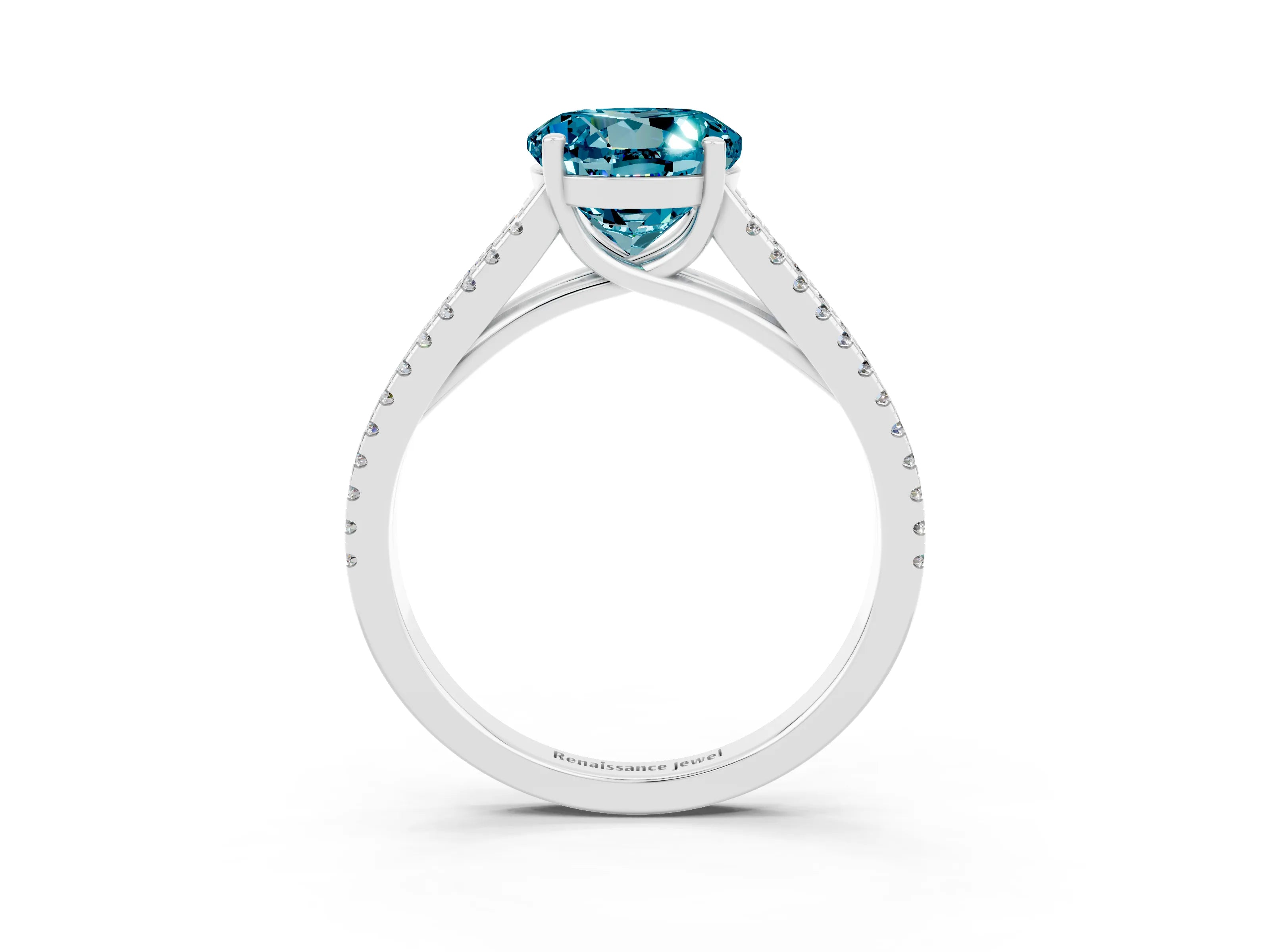 White gold Round Cut Blue Topaz Solitaire Engagement Ring with Split Shank Pavé Band_3