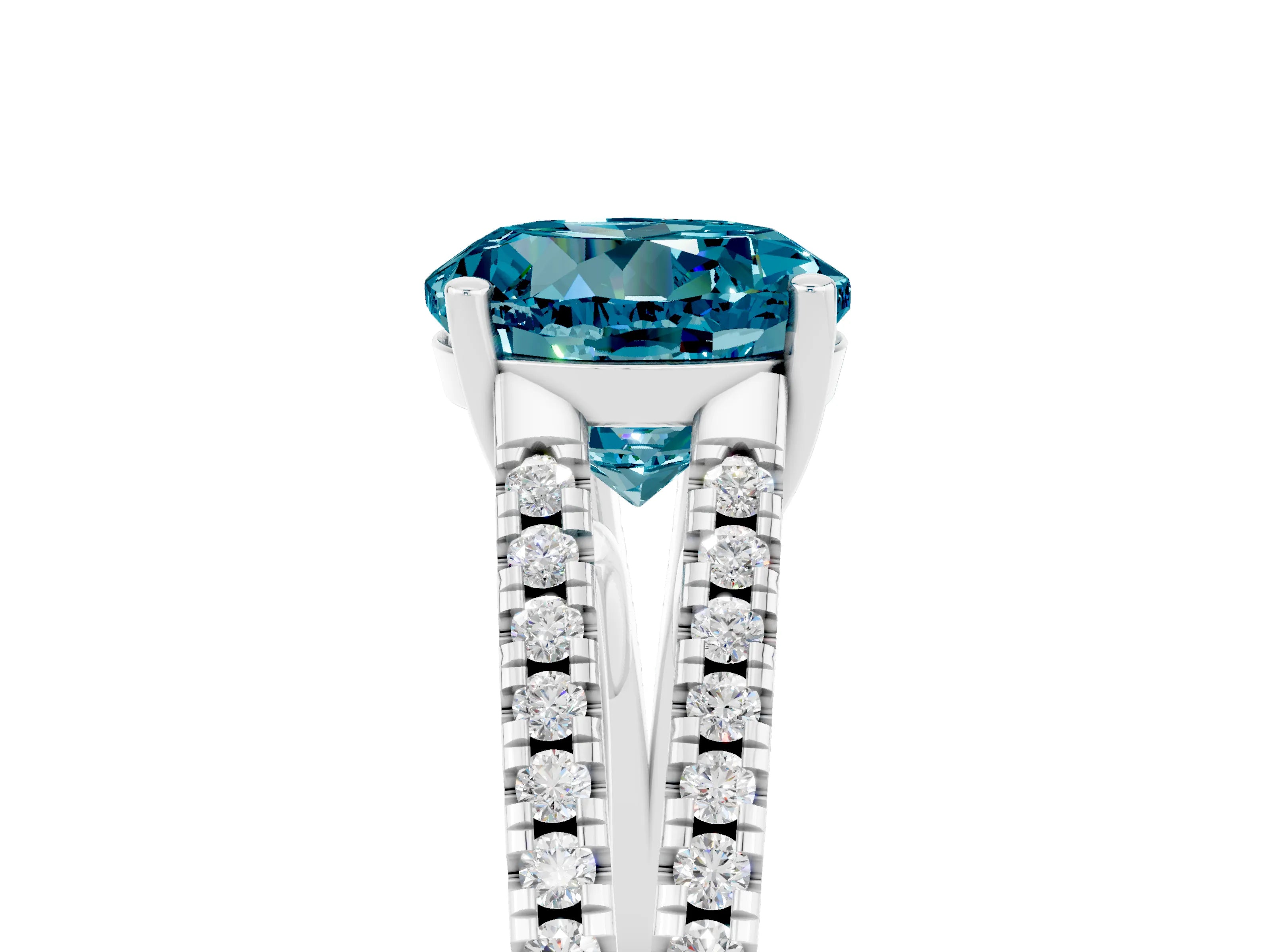 White gold Round Cut Blue Topaz Solitaire Engagement Ring with Split Shank Pavé Band_5