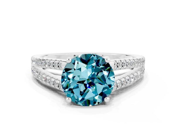 White gold Round Cut Blue Topaz Solitaire Engagement Ring with Split Shank Pavé Band