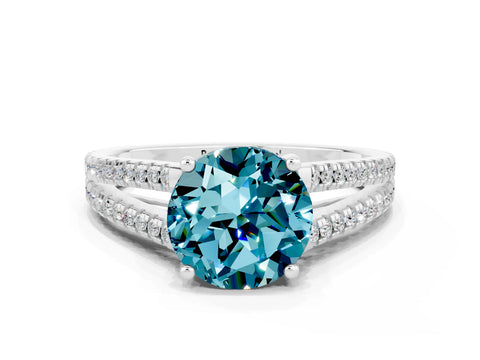 White gold Round Cut Blue Topaz Solitaire Engagement Ring with Split Shank Pavé Band