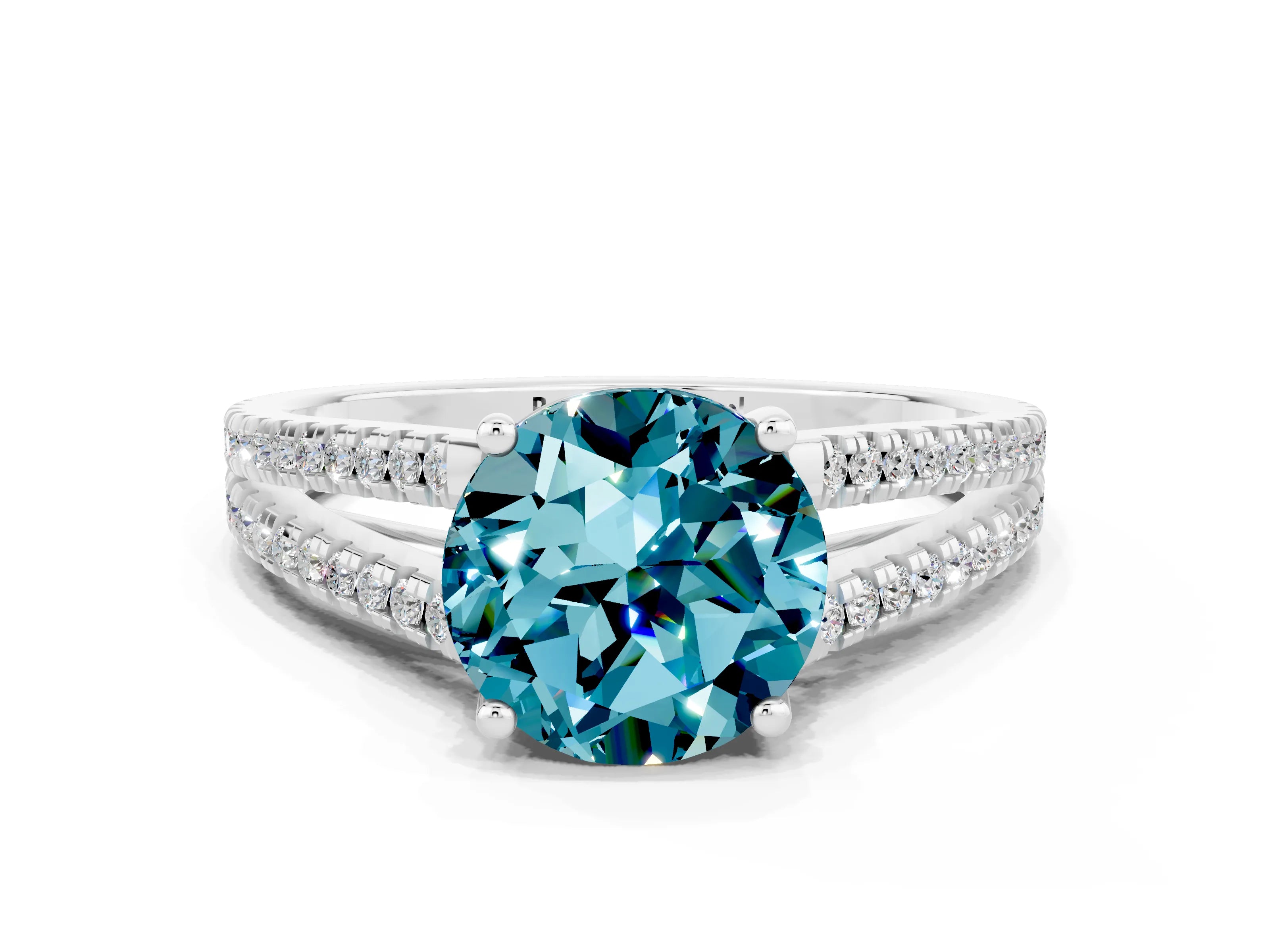 White gold Round Cut Blue Topaz Solitaire Engagement Ring with Split Shank Pavé Band