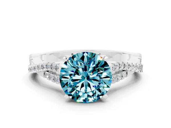 Silver Round Cut Blue Topaz Solitaire Engagement Ring with Twisted Pavé Band and Four-Prong Setting